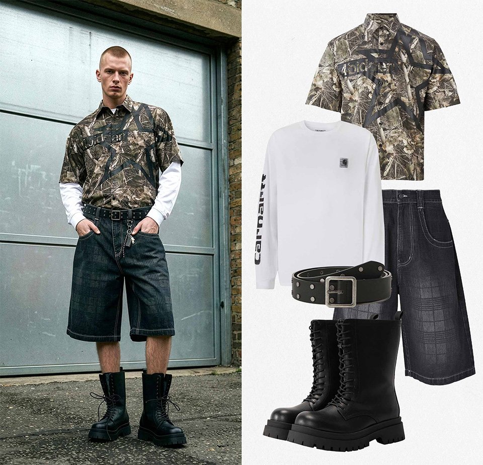 Férfi terepmintás rövid ujjú ingben, fehér hosszú ujjú aláöltözetben, fekete, széles farmer rövidnadrágban, vastag fekete bakancsban és szegecselt fekete övvel.