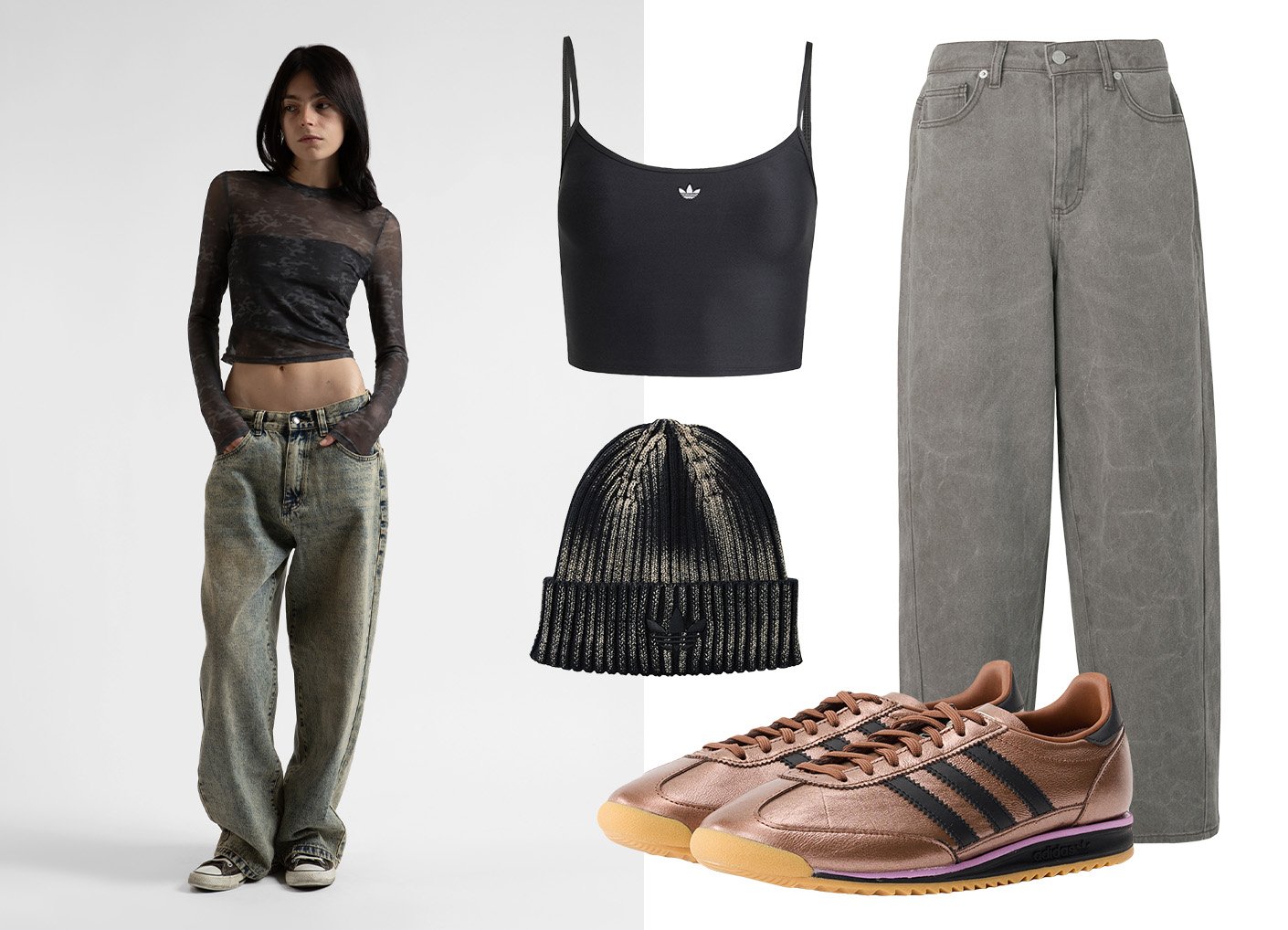 Schwarzes Mesh-Langarmoberteil, schwarzer Sport-BH, graue weit geschnittene Jeans, schwarz-goldene Strickmütze und bronzefarbene Sportlich Schuhe mit schwarzen Streifen.