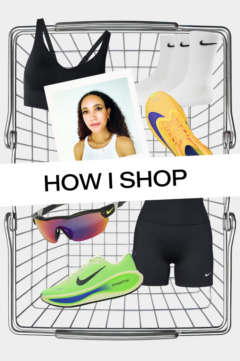 Cestino della spesa con articoli sportivi tra cui reggiseno sportivo nero, calzini bianchi Nike, scarpe da corsa gialle e verdi, pantaloncini neri e occhiali da sole specchiati.