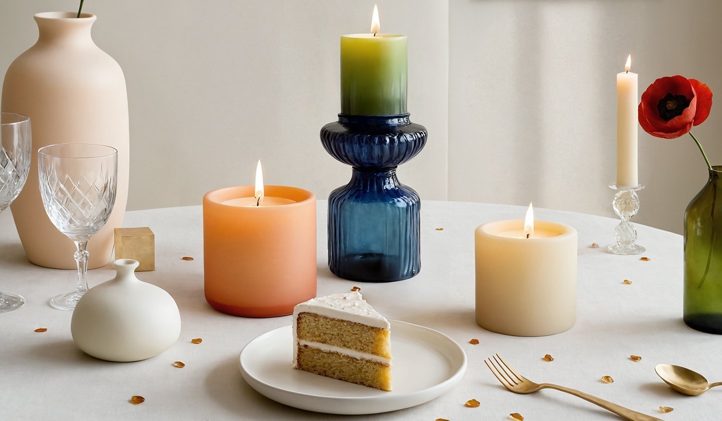 Matowy, textured wazon w kolorze różowym; kryształowe szklanki; kolorowe i białe świece; okrągły talerz z warstwowym ciastem; złoty widelec; rozsypane płatki.