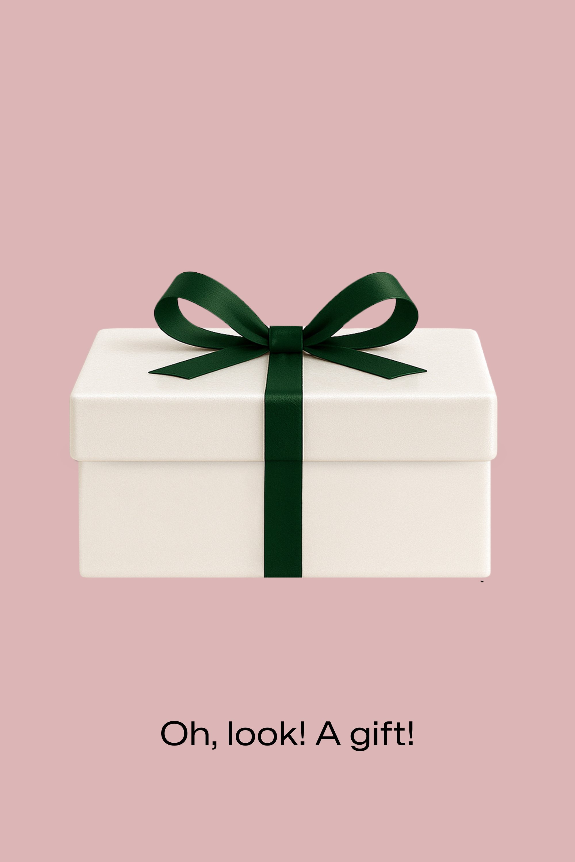 Caja de regalo blanca con una cinta y moño verdes sobre un fondo rosa. El texto debajo dice: "¡Oh, mira! ¡Un regalo!"