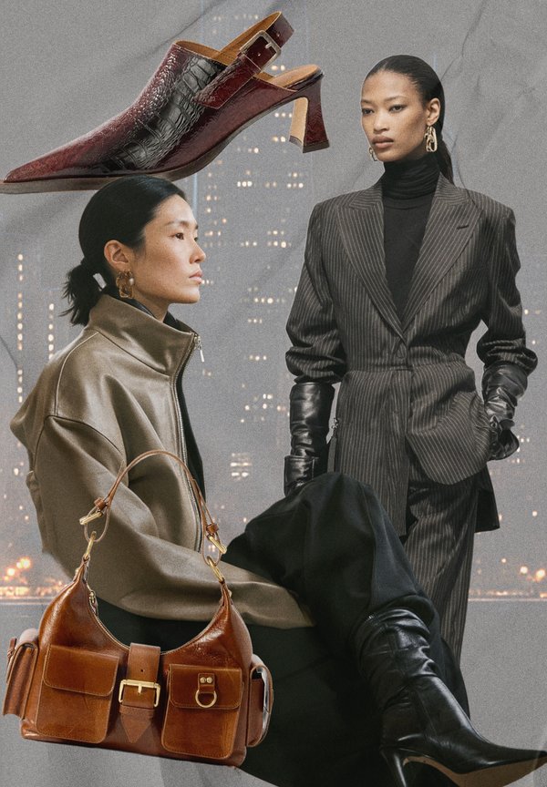 Burgundy slingback shoes with a pointed toe and textured finish; brown handbag with compartments; model in olive jacket and black outfit.
