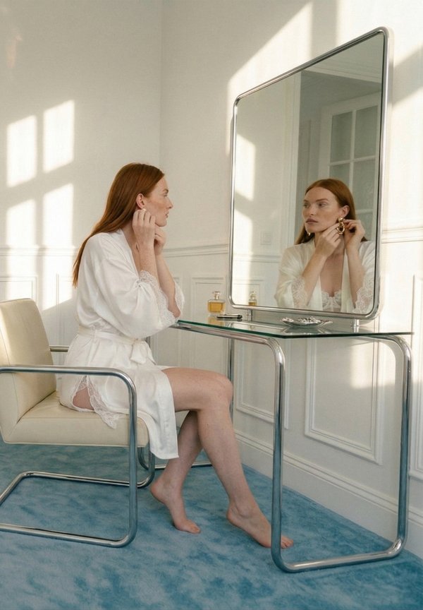 Sieviete baltā halātā, sēžot basām kājām uz krēsla, pielāgo auskarus pie lielā spoguļa uz stikla un metāla kosmētikas galdiņa.