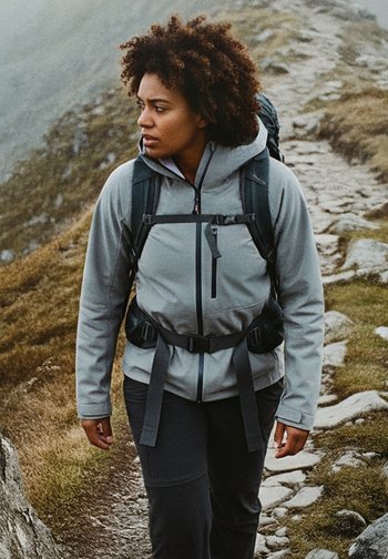 Giacca da trekking grigia con cappuccio, dotata di tasche con zip e cinturini regolabili, abbinata a pantaloni neri. Ambiente naturale all'aperto con rocce e erba.