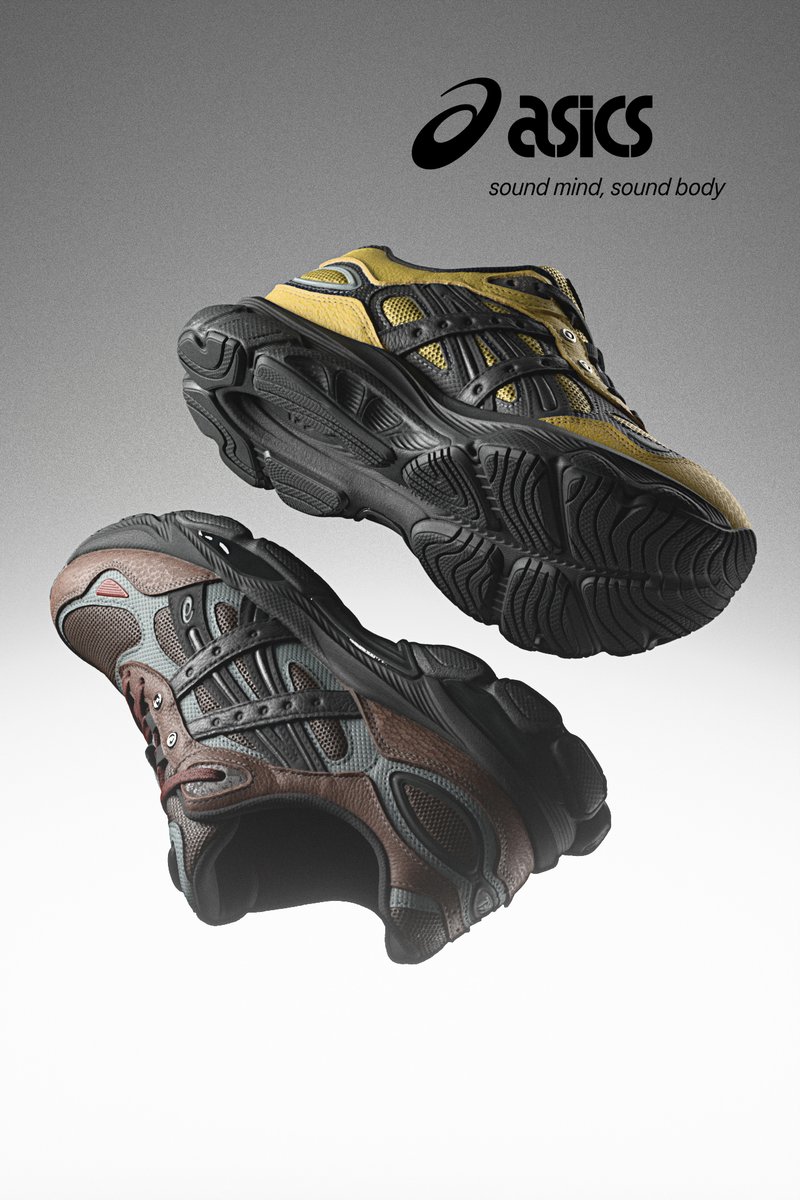 Two ASICS running shoes in black, yellow, gray, and brown floating against gradient background with ASICS logo and "sound mind, sound body" text.