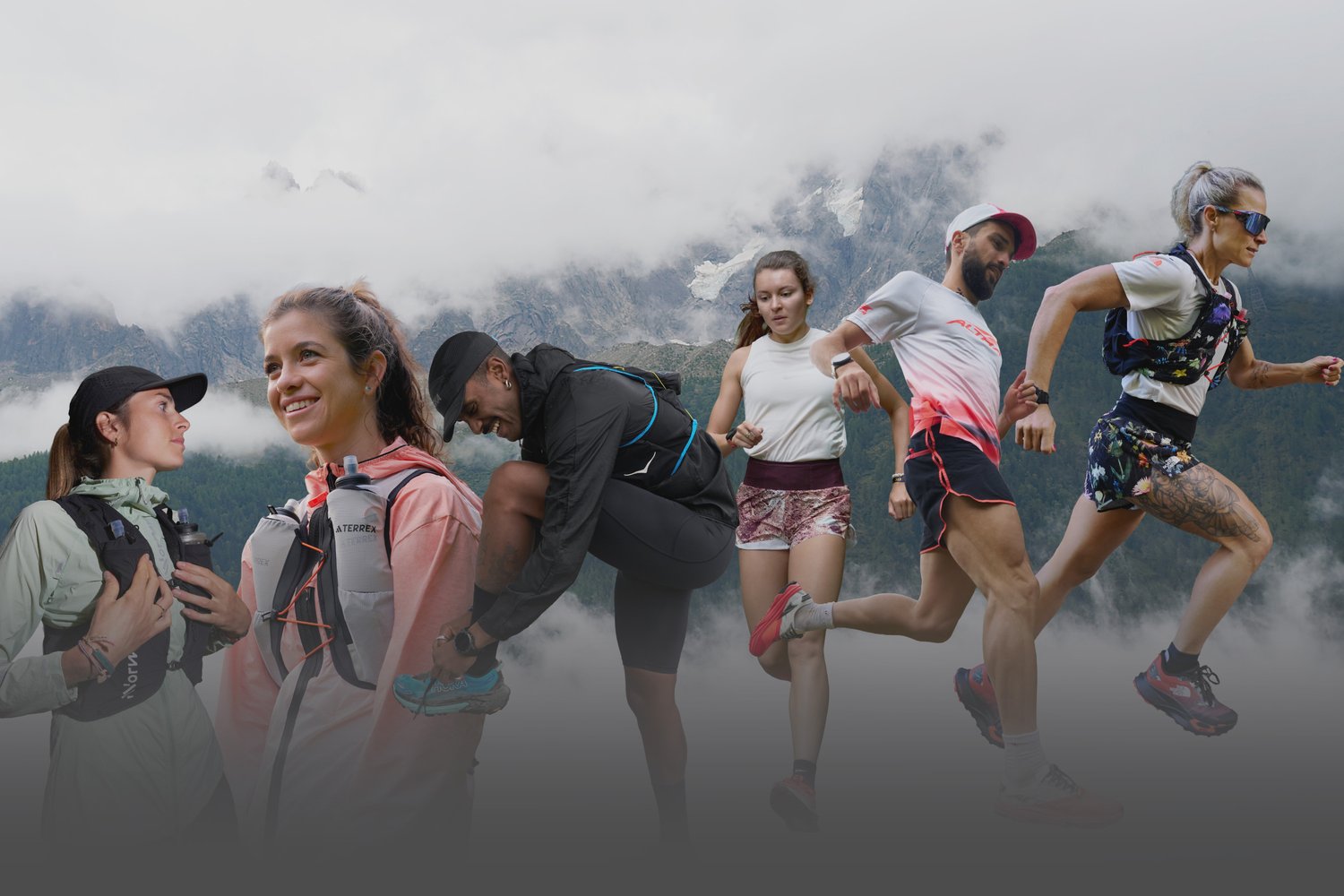 A group of runners dressed in outdoor gear, including vests with water bottles, assorted shorts, and shirts, is set against a misty mountain backdrop.