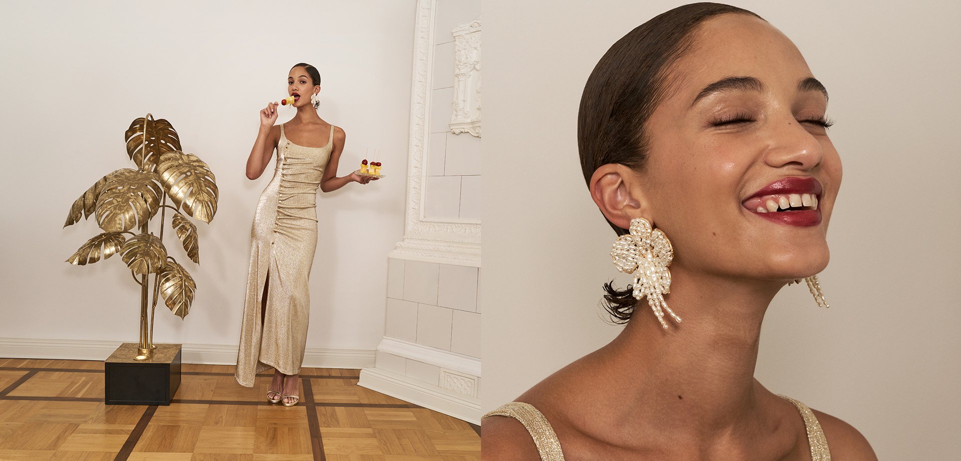 Gold sequined dress with a side slit, teamed with large pearl floral earrings. Features a gold palm plant and a dessert plate.