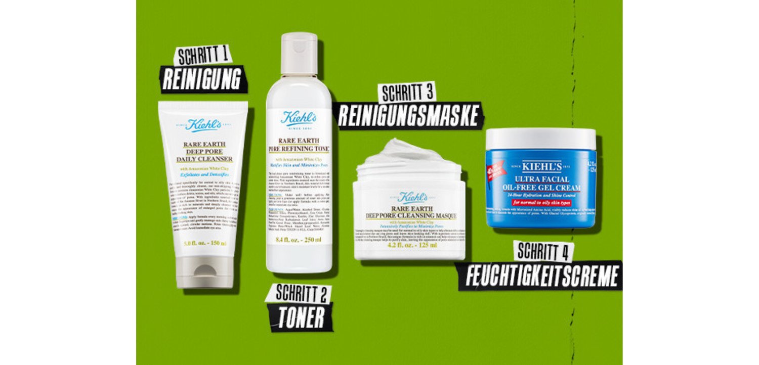 Quatre produits de soin de la peau disposés sur un fond vert vif : nettoyant dans un tube blanc, tonique dans une bouteille transparente, masque dans un pot blanc et crème gel bleue.