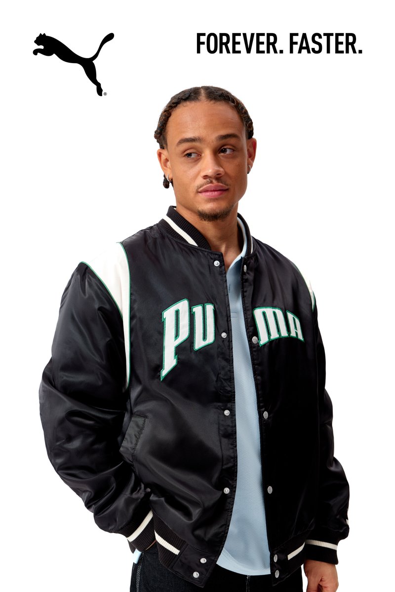 A young man with braided hair wears a black jacket with "PUMA" in green. The background is white, featuring the text "FOREVER. FASTER."