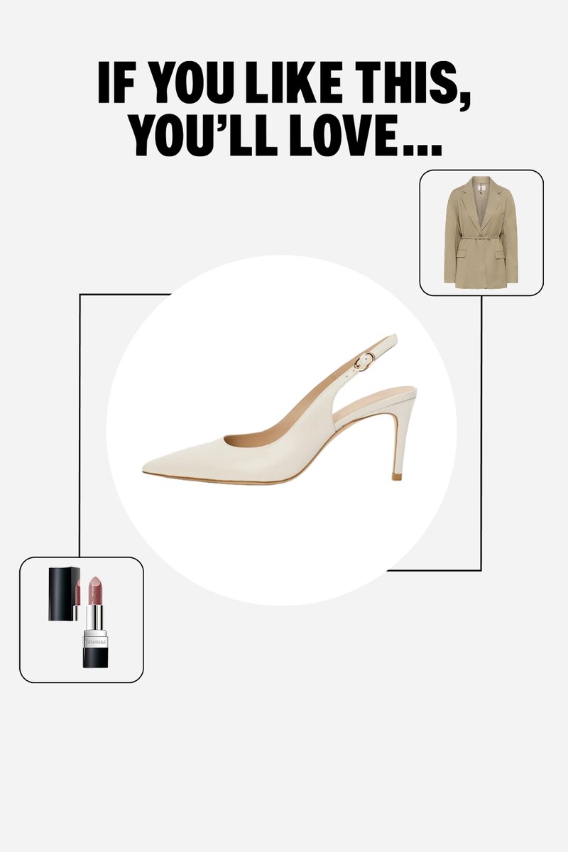 Scarpa con tacco alto slingback color crema con punta appuntita, blazer beige con cintura e tubetto di rossetto nudo con tappo rimosso.