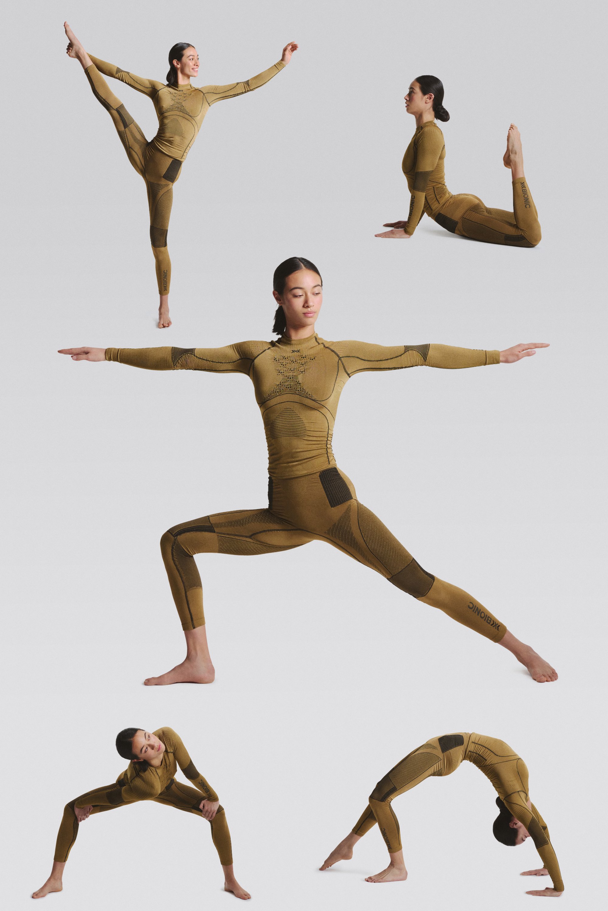 Una mujer en un atuendo beige ajustado realiza diversas posturas de yoga, mostrando flexibilidad y fuerza sobre un fondo neutro.