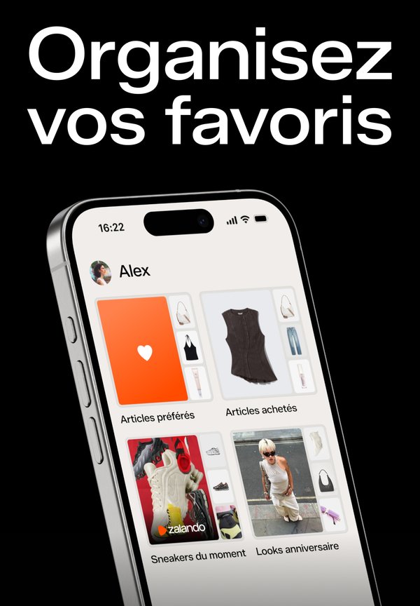 Smartphone avec un bord noir élégant affichant une interface personnalisable mettant en avant des articles de vêtements et une icône de cœur orange.