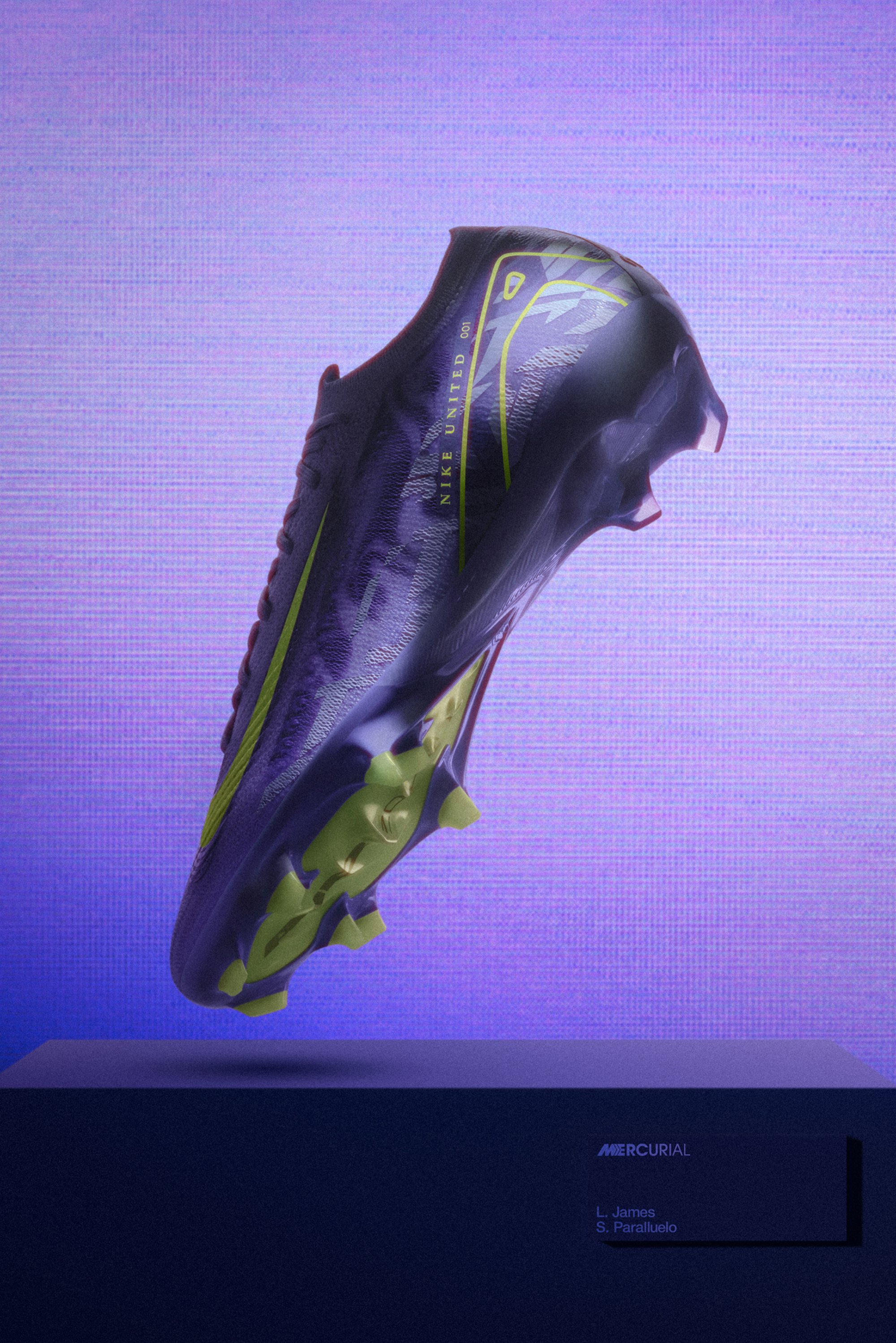A purple football boot with neon green accents hovers above a dark pedestal, set against a light purple background, showcasing modern design.
