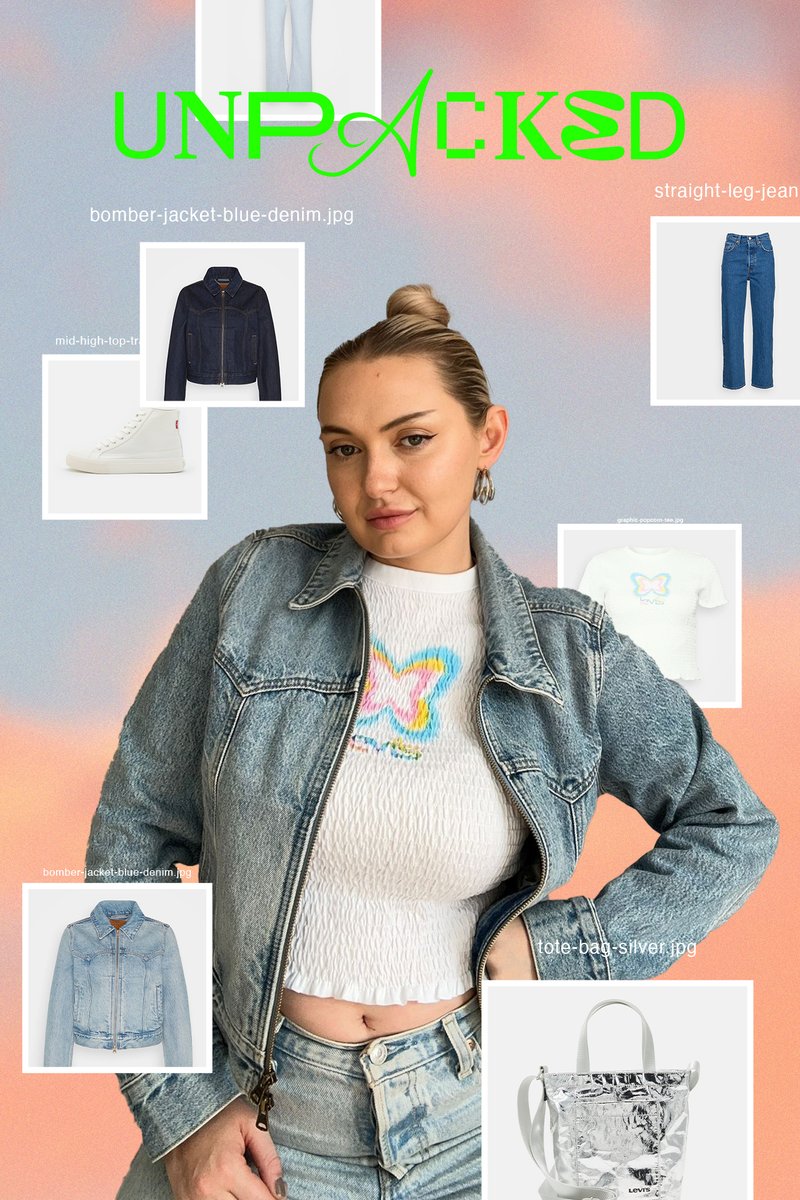 A young woman in a denim jacket and white top poses with various clothing items displayed around her, including jeans and sneakers.
