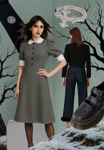 Pilka tekstūruota suknelė su pūstomis rankovėmis ir balta apykakle, derinama su juoda striuke ir plačiomis džinsinėmis kelnėmis. Juodi batai su voratinklio raštu.