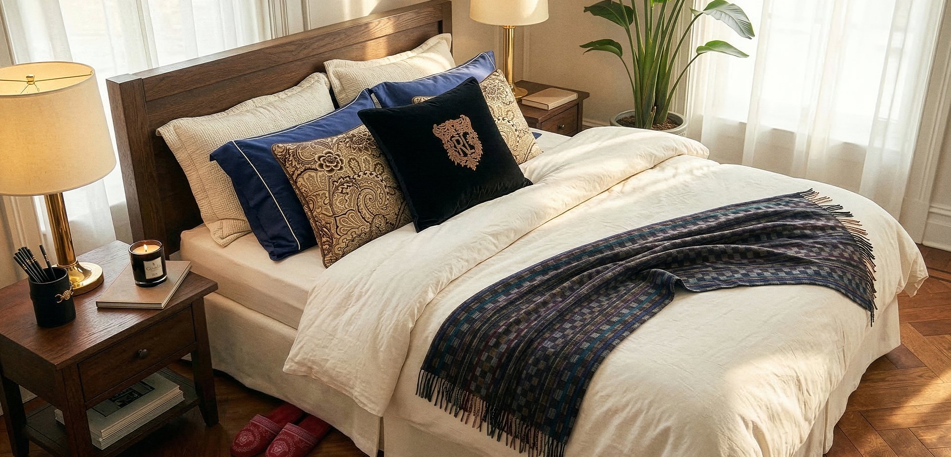 Κρεβάτι με λευκά σεντόνια, μαξιλάρια με μοτίβα και διπλωμένη σκοτεινή καρό ριχτάρια· δίπλα ξύλινο κομοδίνο με φωτιστικό, κερί και κοντινό φυτό.