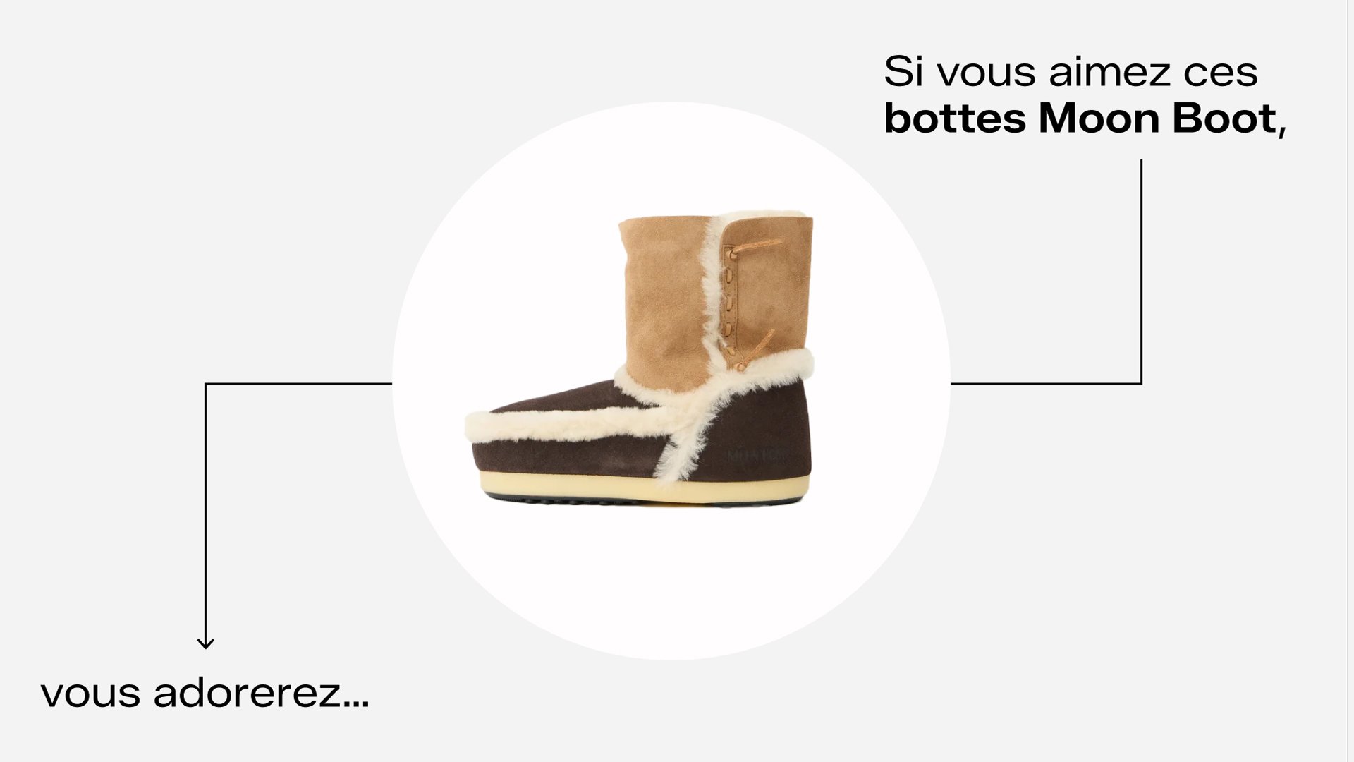 Bottes lune en daim marron et beige avec bordure en fourrure blanche et semelle en caoutchouc, avec un détail de laçage sur le côté et un bout arrondi.