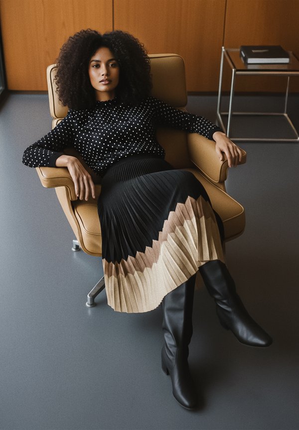 Woman with curly hair reclining in tan modern armchair wearing black polka dot top, pleated color-block skirt, and black knee-high boots.