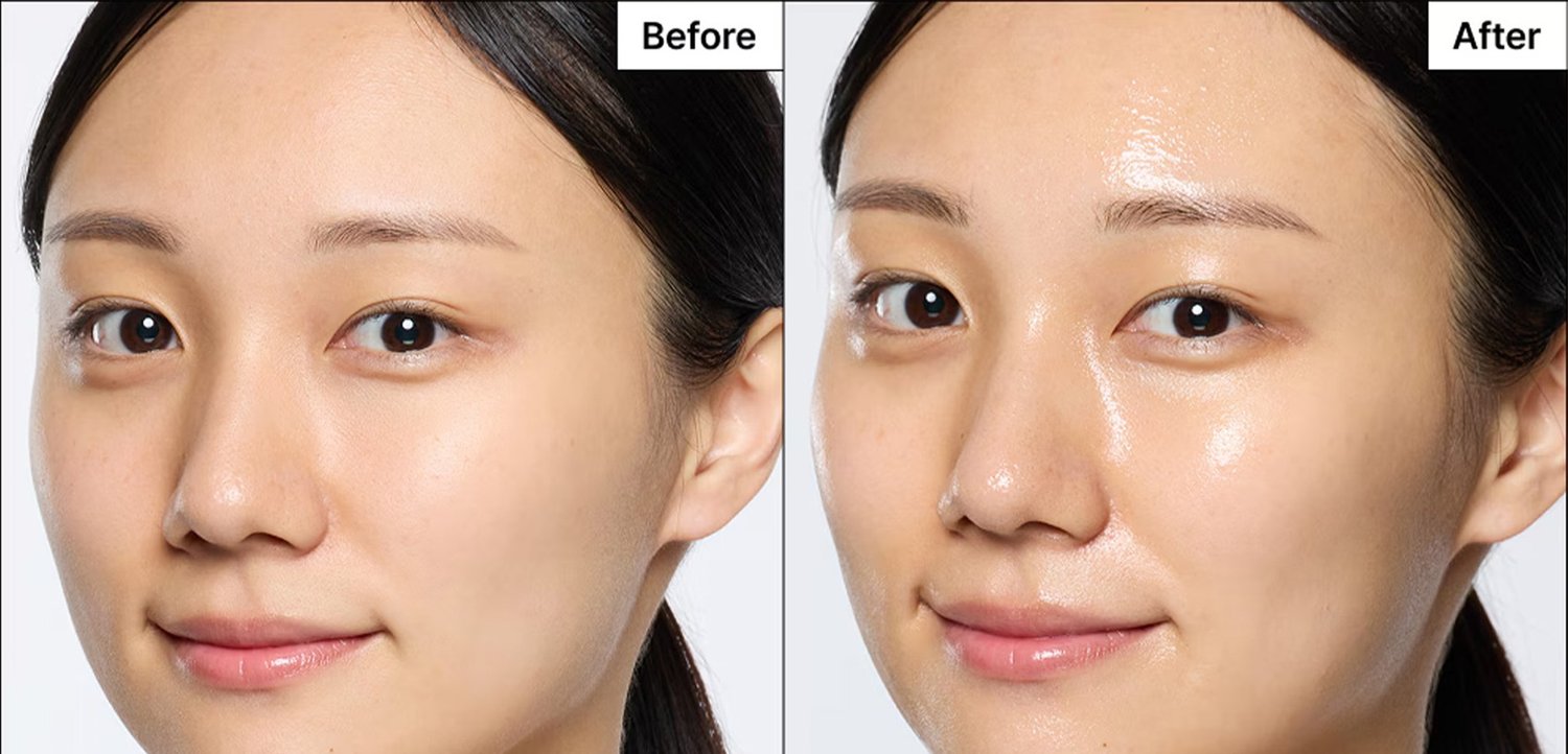 Gros plans avant-après du visage d'une femme montrant une peau mate avant et une peau fraîche et éclatante après application du soin de la peau.