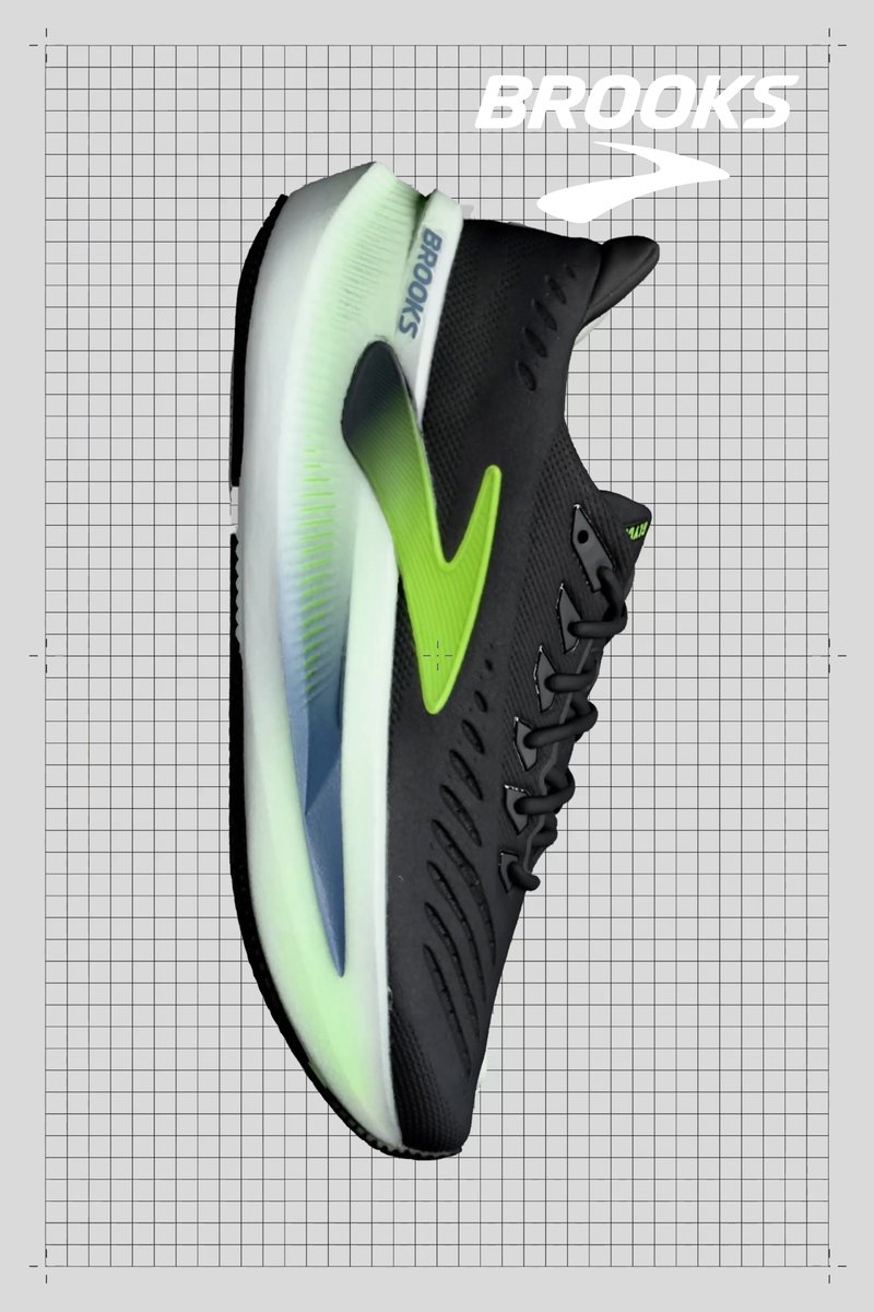 Svart löparsko med en grön accent. Mesh-ovandel, vadderad sula och zickzacktextur på sidorna. Brooks-logotypen syns tydligt.