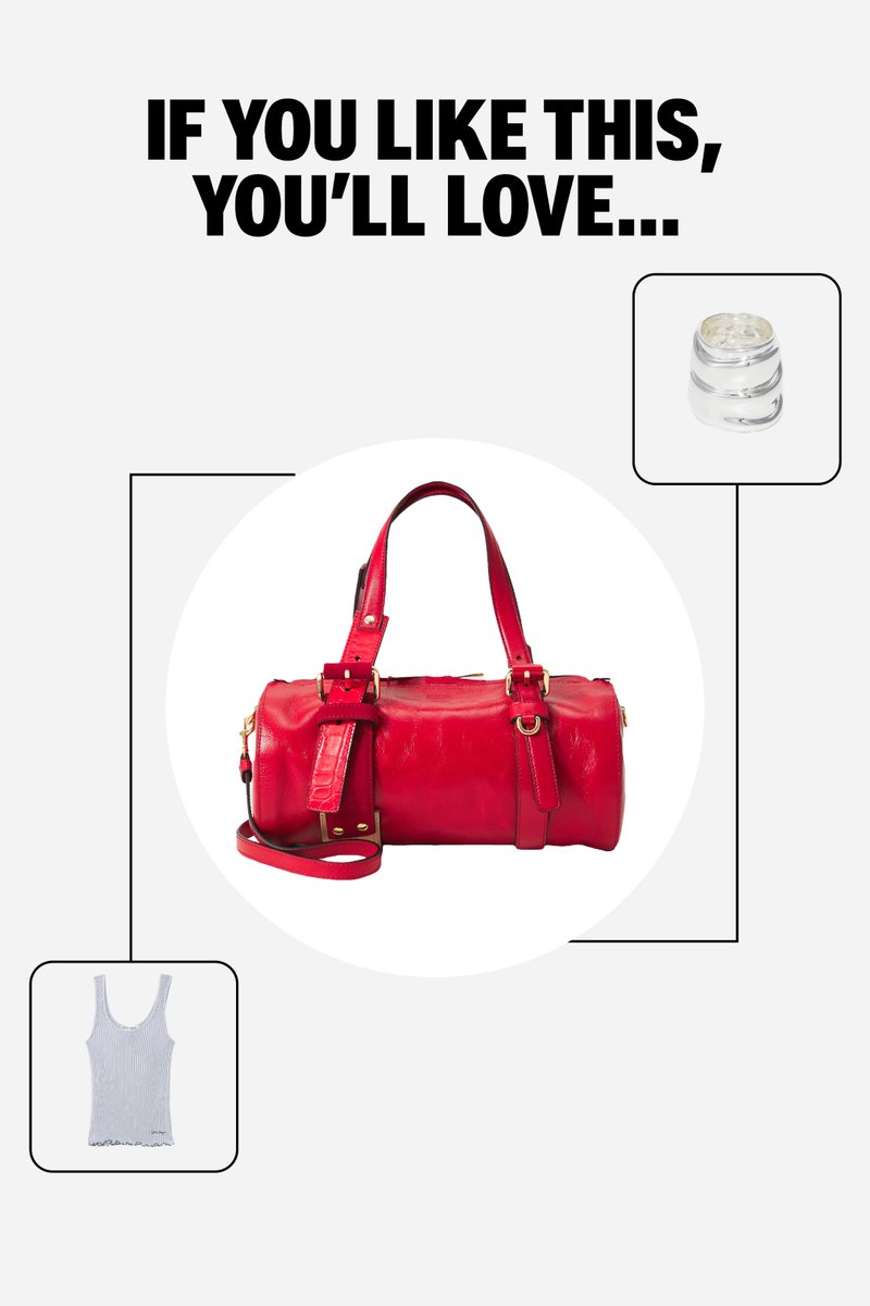 Red leather handbag at the centre with inset images of silver rings and a light blue ribbed tank top, text above says "If you like this, you’ll love..."