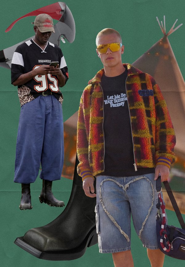 Due uomini vestiti con abbigliamento streetwear casual, uno indossa una giacca fantasia e pantaloncini di jeans, l'altro pantaloni oversize e un berretto da baseball.