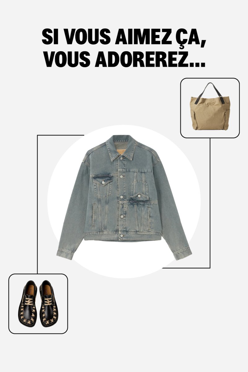 Veste en denim centrée avec un sac fourre-tout beige et des chaussures en cuir noires avec des détails en étoile sur fond blanc, texte en français au-dessus.