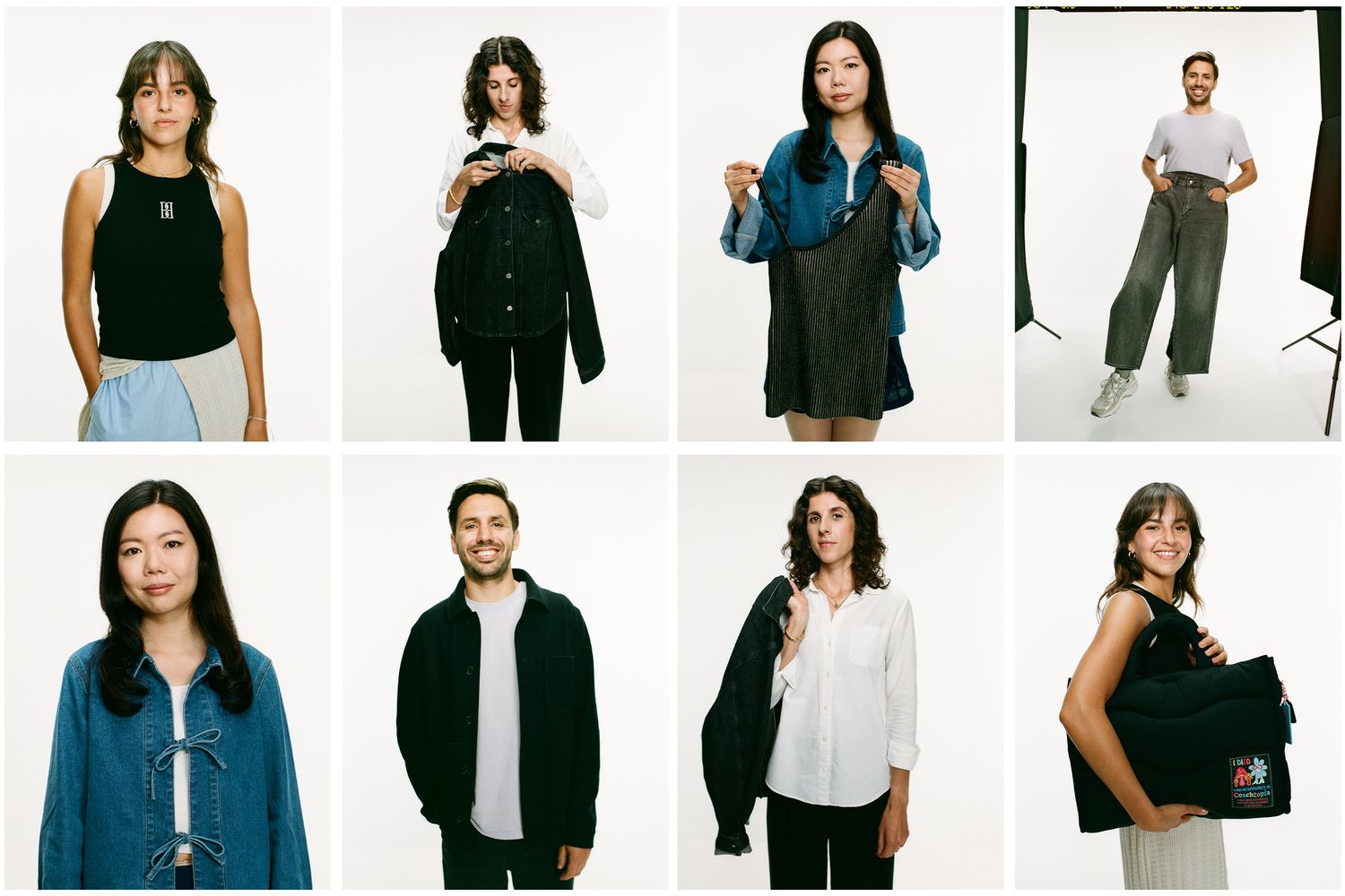 Quattro file di individui diversi che mostrano vari outfit, inclusi abbigliamento casual e accessori, su uno sfondo neutro.