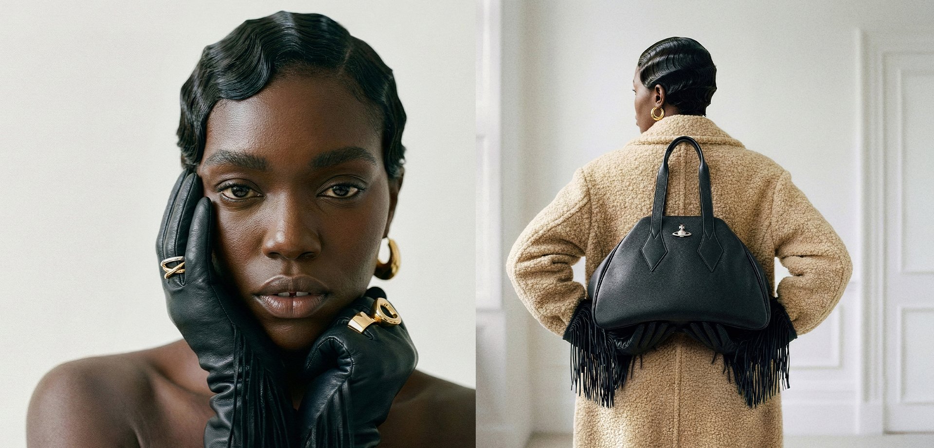 Frau mit zurückgekämmten Haaren, die goldene Creolen und schwarze Handschuhe trägt, berührt ihr Gesicht; Rückansicht zeigt ihren Teddy-Mantel mit schwarzer Handtasche.