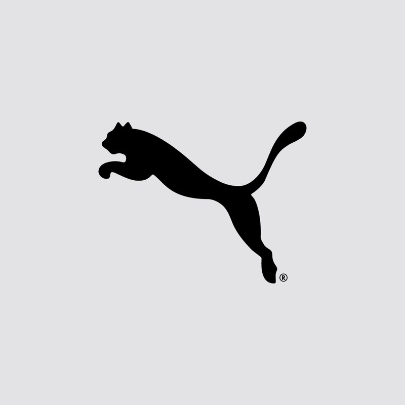 A leaping black panther logo against a light gray background, symbolizing motion and agility, associated with athletic wear.