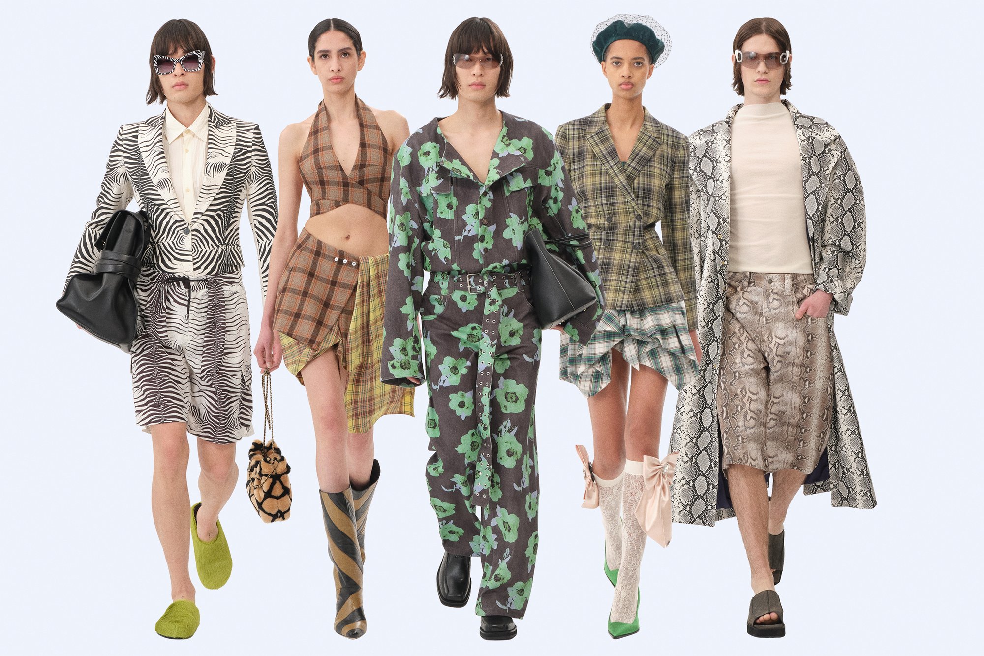 Five models walking in various stylish outfits, showcasing bold patterns and accessories, against a plain background.