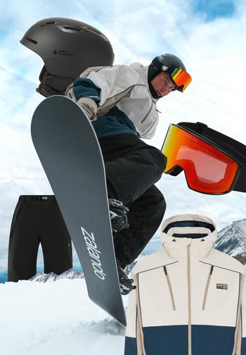 Snowboardutrustning på display: svart snowboard, jacka i gräddvitt och marinblått, svarta byxor, röda spegelglasögon och en matt svart hjälm, texturerade tyger.