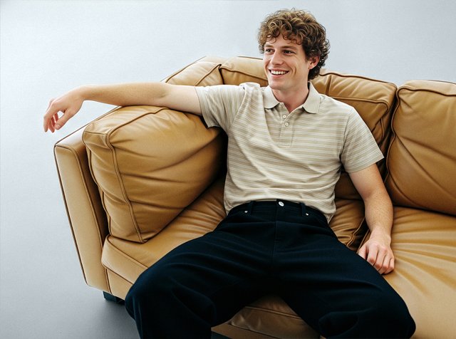 Beige randig pikétröja på en person som sitter på en ljusbrun lädersoffa. Mörka byxor och avslappnad pose signalerar komfort. Mjuk struktur, ren design.