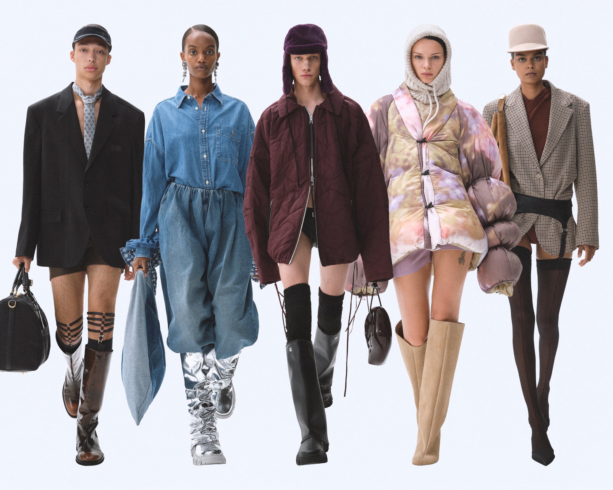 Cinco modelos presentan diversos estilos de moda, con abrigos oversized, botas hasta la rodilla y accesorios únicos, todo ello sobre un fondo sencillo.