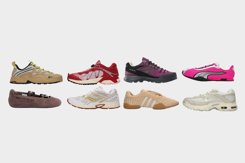 Acht Sneaker in verschiedenen Farben und Stilen, angeordnet in zwei horizontalen Reihen vor einem weißen Hintergrund.