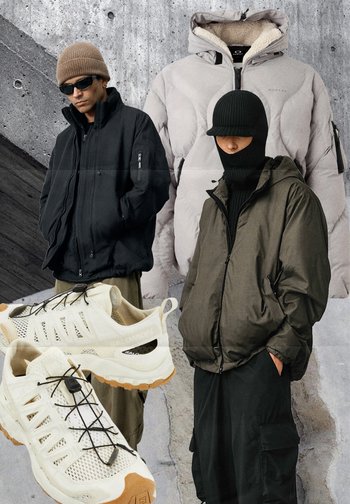 Black and olive padded jackets with zip details, beige knitted hat, and cream trainers with a textured sole and elastic lacing system.