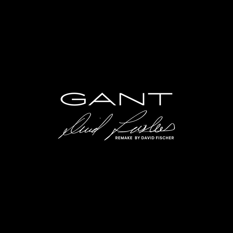 GANT-logotyp i fet vit text, med "Remake av David Fischer" i kursiv under, mot en svart bakgrund.