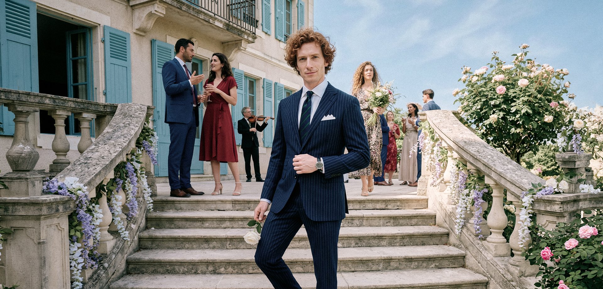 Homme en costume bleu marine à fines rayures tenant une rose blanche sur un escalier en pierre décoré avec des invités et un violoniste lors d'un événement en plein air.