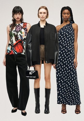 Drie vrouwen staan naast elkaar, gekleed in diverse mode: een kleurrijke mouwloze top met zwarte broek, een oversized zwart jasje met shorts en laarzen, en een blauwe jurk met witte stippen en één blote schouder.