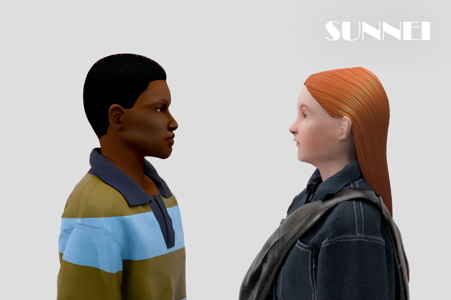 Two 3D characters face each other: a young boy with short dark hair in a striped shirt and a girl with long red hair wearing a denim jacket.