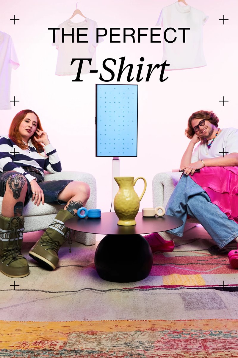 Two individuals sit on stylish chairs, surrounded by colorful decor. A light blue screen displays patterns, with clothing and a pitcher on the table.
