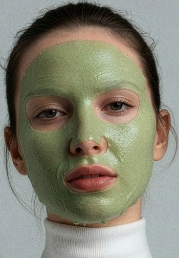Mascarilla facial verde aplicada en la piel, textura brillante, con recortes para los ojos. Cuello alto suave y ligero, y fondo neutro.