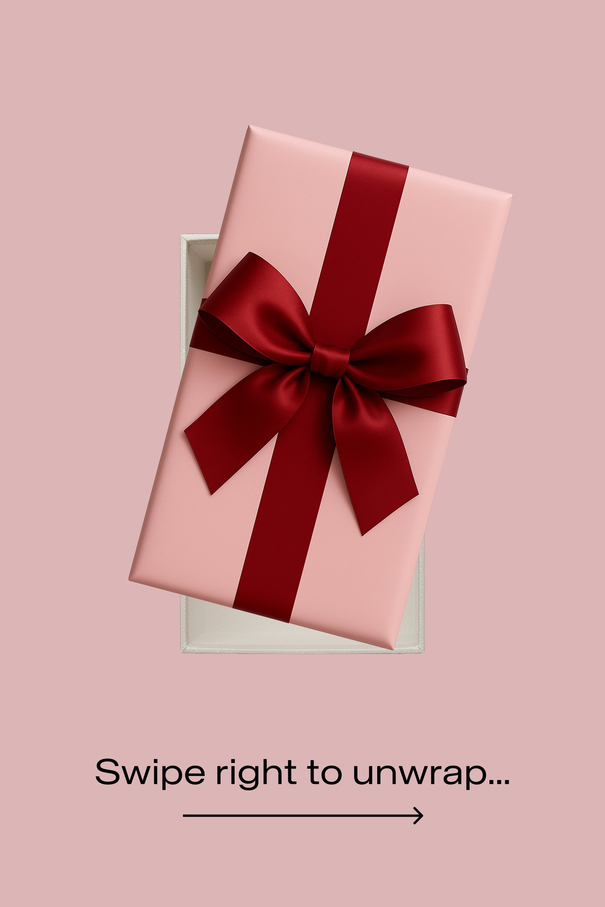 Caja de regalo con una superficie rosa suave, coronada con un lazo y cinta de satén rojo intenso. Colocada dentro de una caja blanca, sobre un fondo pastel.