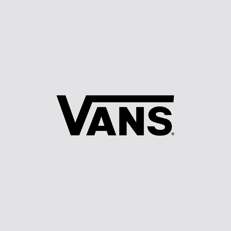 Logo "VANS" nero raffigurato su uno sfondo grigio chiaro, caratterizzato da un design angolare distintivo sopra il marchio.