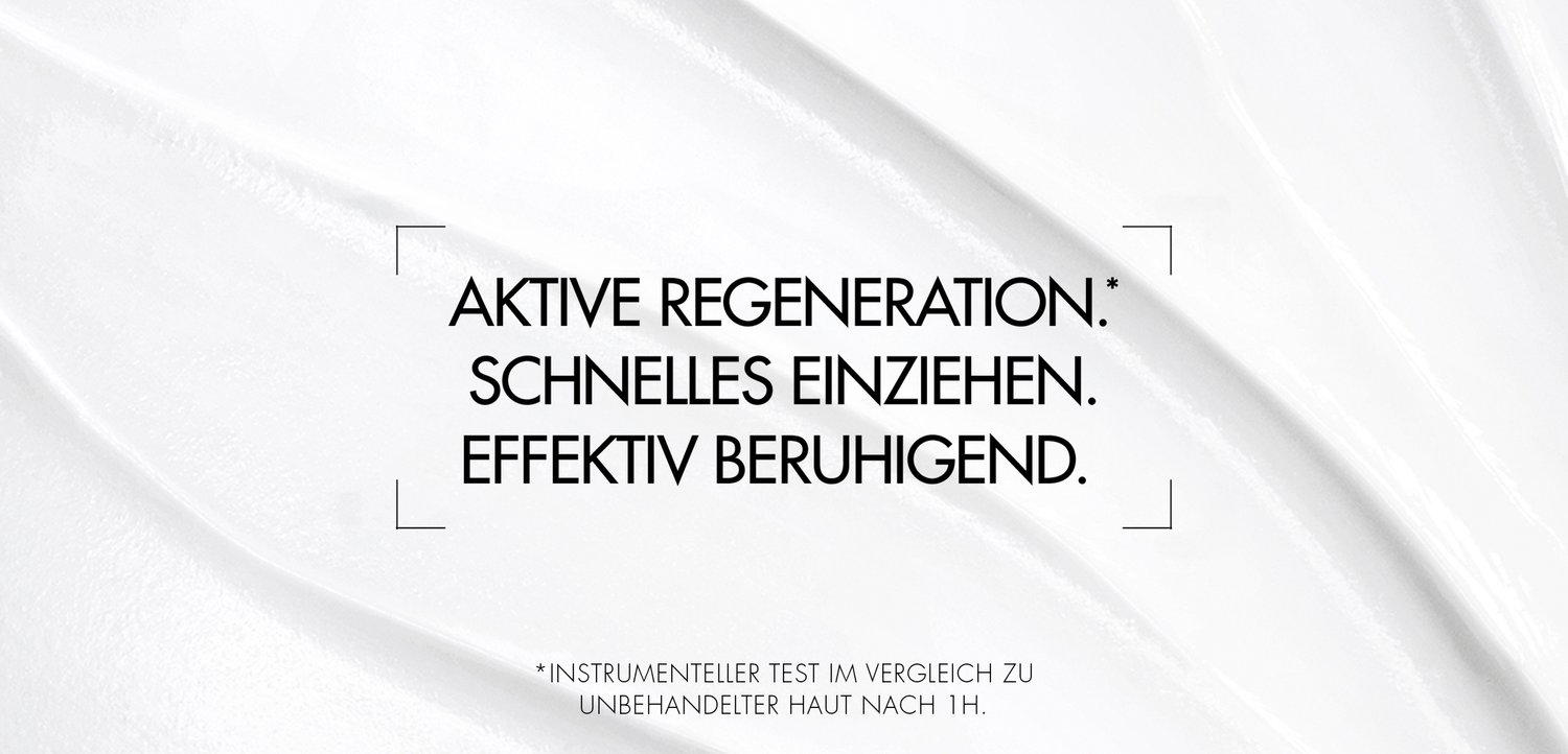 Witte textuur achtergrond met vette zwarte tekst die de productvoordelen vermeldt: "Actieve regeneratie," "Snelle absorptie," en "Effectief kalmerend."