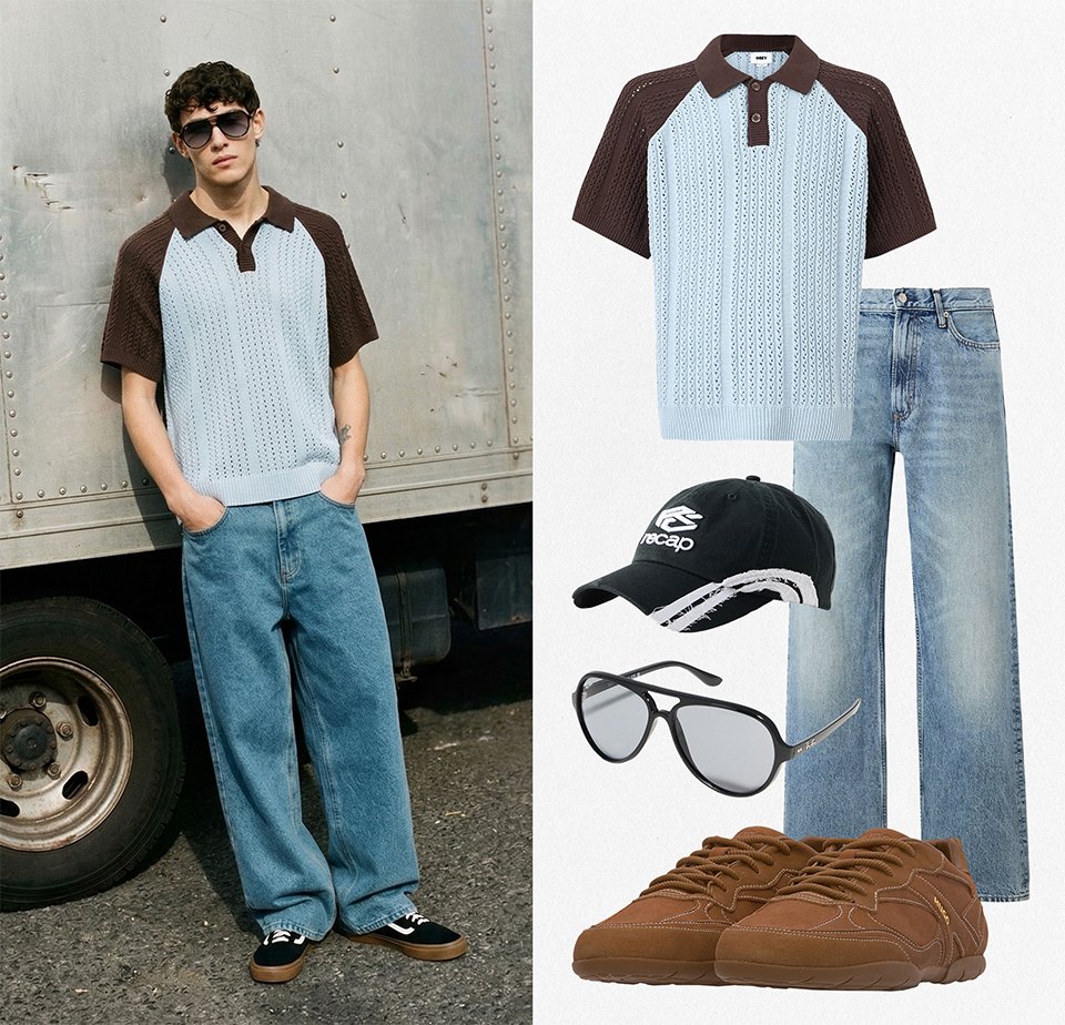 Jonge man die een bruin en lichtblauw gebreide polo draagt, losse blauwe jeans, zwarte zonnebril en bruine sneakers, staande naast een vrachtwagen; overeenkomende kledingstukken weergegeven.