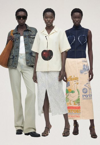 Trois femmes se tiennent côte à côte portant des tenues élégantes : veste en jean avec sac fourre-tout, chemisier crème avec imprimé cerises, et top en jean avec jupe graphique.