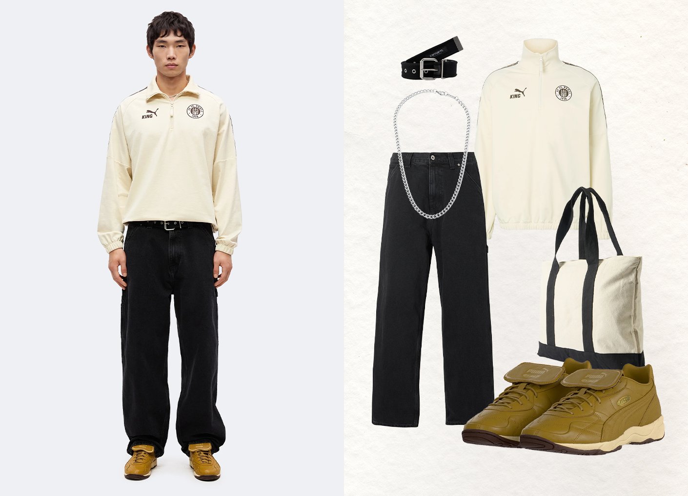 Homme portant un pull crème, pantalon noir, ceinture noire, baskets marron. À côté de lui, des vêtements assortis : pull, pantalon, ceinture, chaîne en argent, sac fourre-tout, baskets.