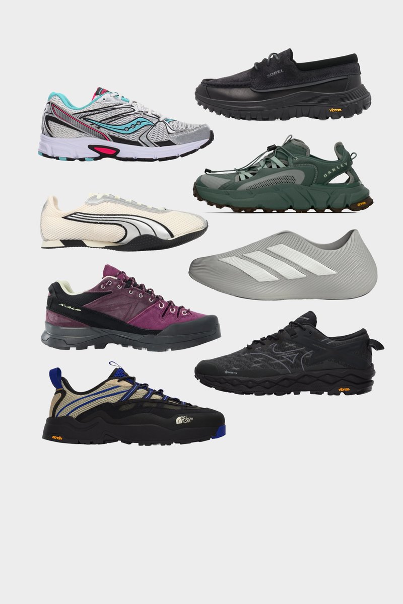 Ocho zapatillas diferentes dispuestas en dos columnas, con varios colores, estilos y diseños para uso deportivo, casual y al aire libre.