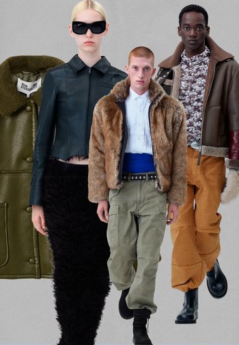 Štiri manekenke nosijo raznoliko zunanjo oblačilo: zeleno usnjeno jakno, rjavo krzneno plašč, potiskane srajce in različne hlače. Barve vključujejo črno, kaki in oranžno.